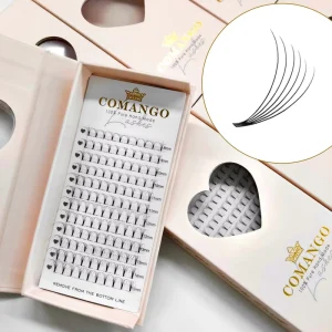 CoMango Short stem Premade Volume Lashes Flat Base 3D 10D Eyelash Extensions Soft Faux Mink C D L M Curl Russian Lash Trays