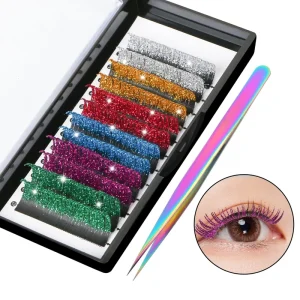 Colored Glitter Lash Extensions 6 Color False Lashes D Curl Cosplay Eye Lashes with Tweezers 0.15D Mix 15-20mm