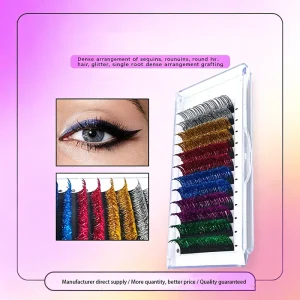 Colorful Faux Eyelashes Glitter Embellished Densely Arranged Rounded Tip Lashes for Grafting