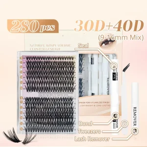 Custom Logo 30D 40D 9 16mm 14 Rows DIY Lashes 280pcs Cluster Kit Tweezers Glue Eyelashes Individual Cluster Eyelashes