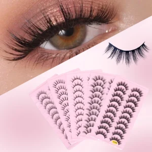 Custom Logo 3D Full Strip Eyelashes Faux Mink Lashes Fluffy Natural Looking Style Mixed Length 10 Pairs Vegan Lashes