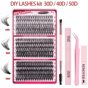 Custom Logo for DIY Synthetic Hair Machine Made Lash Clusters D Curl Cluster Lashes Kit Tweezers Bond Seal