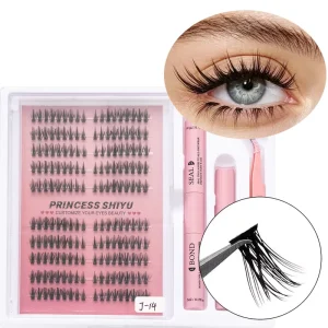 Custom Private Label Handmade Natural Long Individual Extensions Grafting False Segment DIY Cluster Lashes Kit Bond Seal 12 Rows