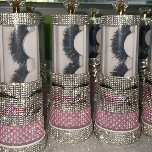 Customized Glitter Rhinestone Eyelash Box for 3d 5d Real Mink Eyelashes Fluffy 25mm Full Strip Lashes