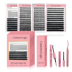 Customized Lash Clusters Pack 4 in 1 Private Logo DIY Cluster Eyelash Extensions Soft Fluffy Custom Lash Cluster Kit
