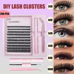 DIY Cluster Lashes Kit 30D 4D 50D 60D 80D 100D 9 16MM Fluffy Volume Eyelash with Cluster Tweezer and Lash Glue Bond