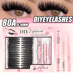DIY Handmade Dense Cluster Lash Extensions Kit Thick Individual Cluster Lashes Bond Seal Tweezers Waterproof Reusable Boxed