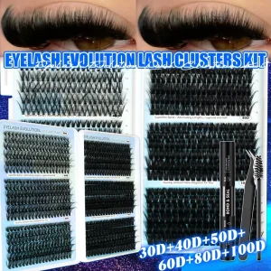 DIY Individual Eyelash Extension Kit Thick Volume Lash Cluster 40D+50D D Curl Thin Band Cluster Lash with Bond and Seal Tweezer