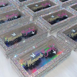Dramatic Glitter Rhinestone Lash Boxes With Custom Logo Natural Fluffy 20mm 25mm Mink Eyelashes 3d Fur Lashes