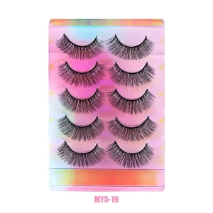 European Style 3D Multi layer Thick Faux Mink Lashes Natural & Curled Handmade Reusable Full Strip False Eyelashes 5 Pairs Pack