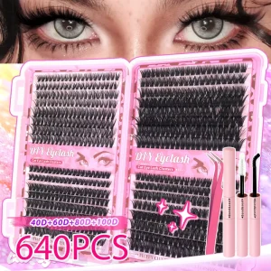Eyelash Book Large Set 40D 60D 80D 100D Mixed 640pcs Volume DIY Cluster Segment False Mink Eyelashes 0.07MM