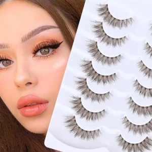 FX C01Brown Thick Handmade Invisible Band False Eyelashes Soft Transparent Stem Colorful Lashes Full Strip Eyelashes 7Pairs Lash