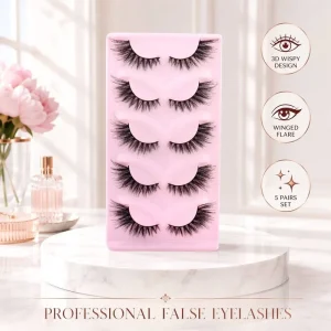 Faux Mink Lashes 3D Fluffy Cat Eye Strip Lashes Fox Style Silk Eyelashes Private Label 5 Pairs Custom Box Lash Set