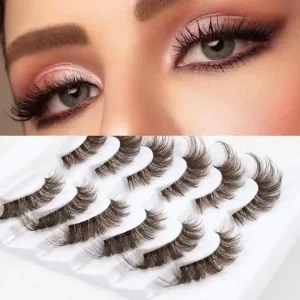 Faux Mink Volume Eyelashes 6 Pairs Tray Full Strip Eyelashes Brown 3D Fluffy Wispy False Eyelash