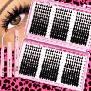 Fluffy Wheat Shape Faux Mink Eyelashes Voluminous Cluster Lashes Segments with Reusable Adhesive Strips No Glue Needed