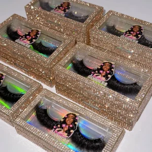 Glitter Rose Gold Eyelash Packaging Box with Diamond for 25mm Fluffy Real Mink Eyelashes