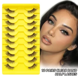 Half Lashes Clear Band Natural Look Cat Eye Lashes Wispy Curly Eyelashes Synthetic Hair 10 Pairs Pack False Eyelashes