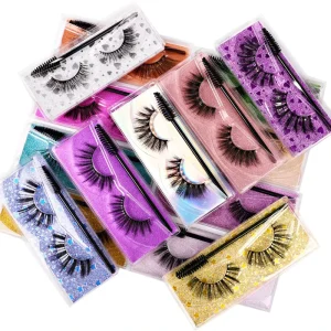 Handmade Custom Private Label Bulk 3D Wispy Natural Synthetic Faux Mink False Strip Eyelashes with Brush