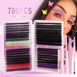 Handmade Natural D for Curl Cluster Lash Kit Individual False Eyelash Segments with Glue and Tweezers for Fluffy Eyelash Segment