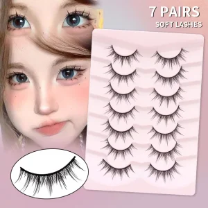 Handmade Reusable Synthetic Hair Eyelashes Korean Lashes Kit 7 Pairs Black Cotton Band Lashes for Beauty Tools