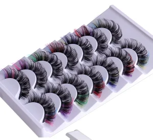 High Quality 3D 6D Full Strip False Eye Lashes Reusable Eyelash Vendor Colorful Blue Pink 7 Pairs Faux Mink Eyelashes