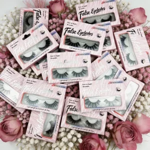 High Quality Handmade Natural Long Faux Mink Lashes Custom Boxes Black Cotton Band Full Strip Eyelashes