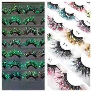 Jaunty Sky Handmade Diamond Full Strip False Eyelashes Halloween Christmas Color Luminous Party Glitter Mink Fiber Eyelashes