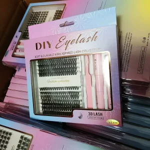 LC228 Natural DIY 10D Fluffy Reusable Eyelash Extensions Kit PBT Faux Mink Cluster Lashes Short Stem Black Cotton Band