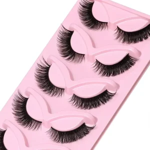 LIZI 5 Pairs Cat Eye False Eyelashes Reusable Natural Long Cruelty Free Self adhesive 3D Effect Glossy Handmade Fake Lashes