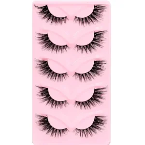 LIZI 5 Pairs Cat Eye Lashes Reusable Synthetic Hair Self-Adhesive Cruelty-Free Semi-Hand Made Makeup Extension Long Wispy 3D
