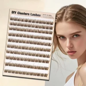 Large-Capacity Handmade Brown Eyelashes Clusters Caramel Color Natural Segmented Lashes Clear Band Transparent Thin Stem