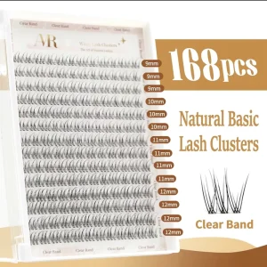 Lash Clusters 168pcs Individual Lashes D Curl 14mm Manga Cluster Lashes Clear Band Natural Wispy DIY Segment Extension Kit