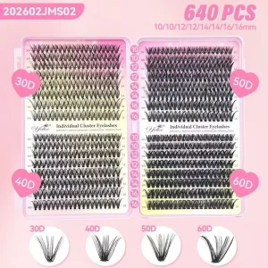 Lash Clusters Kit Wispy Cluster Eyelash Extensions 640Pcs Cruelty Free CD Curly Natural Individual Lashes DIY Black PBT 0.07MM