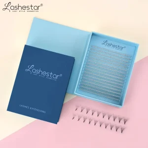Lashestar Direct Factory Premade Fans Private Label Custom Blue Flip Box Short Stem Lash Extensions