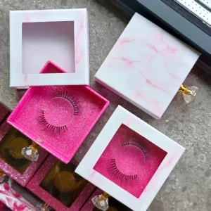 Luxury Diamonds Handle Drawer Lashes Cases Glitter Pink Magnetic Eyelashes Box Custom Logo Marble Eyelashes Packaging Box