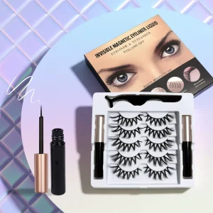 Magnetic Lash Kit with Magnetic Liquid Eyeliner 5 Pairs Crossed Fluffy Curly Lashes Seamless Invisible Glueless Glam Eyelashes