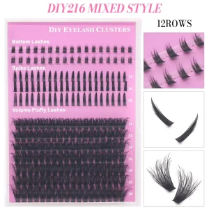 Mixed Style DIY Eyelash Clusters 216 Pcs 12 Rows Bottom Lashes Spike Lashes Volume Fluffy Individual Lash Extensions