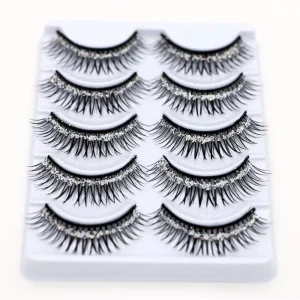 Natural Nude Makeup Dense Stage Crossed Long Silver Glitter Sequin 820 Five Pair Pack Plastic Cotton Stalk False Eyelashes