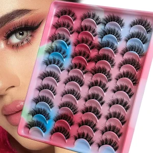 New 20 Pairs Pack Natural Russian Full Strip Eyelashes Bushy 20 Pairs Multi level Curling Eyelashes with Colorful Tray