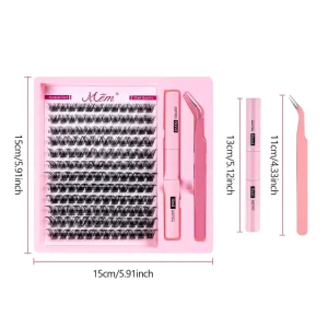 Pink DIY False Eyelash Glue Set 12 Rows Short Spiky Fluffy D Lashes Segmented Individual Clusters High grade Fiber