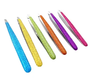 Professional Cosmetic Bling Glitter Powder Slanted Face Eyebrow Tweezer Eyelash Extension Hair Plucking Tweezers