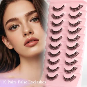 SP Eyelash Natural Black Long 10 Pairs Cat Eye for Wispy D for Volume Full Strip Faux Mink Reusable Cruelty Free Eyelashes