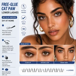 Self Adhesive Cat Paw Lower Lashes No Glue Bottom Lash Clusters Natural Manga Doll Eye DIY Under Eye Eyelashes 6 Rows
