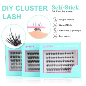 Self Adhesive Cluster Lashes Glue Free DIY Individual Lash Extension Natural Soft Press on Lashes No Glue Needed Segmented Lash