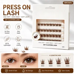 Self Adhesive Eyelashes Pre Bond DIY Segmented Pre Glued Lash Clusters Press on Eyelash No Glue Needed Reusable Brown Lashes