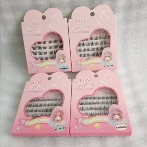 Shandong Handmade Fiber Self Adhesive Preglued Cluster Lashes 6 Rows Custom Logo Reusable No Need Glue Clear Band