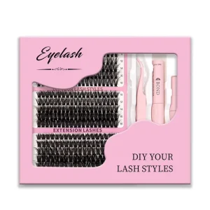 Super D Curl Reusable 0.10mm Synthetic Hair Individual Cluster Lashes Kit Black Cotton Stalk Band Bottom Lashes Spikes