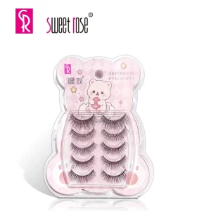 Sweet Rose 5 Pairs Natural Look Strip Eyelashes Soft Comfortable False Lashes with Cute Bear Case Eyelashes for Daily Makeup
