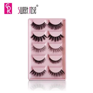 Sweet Rose 5 Pairs Wispy Natural Handmade False Eyelashes Women High Quality Private Label Makeup Black Cotton Clear