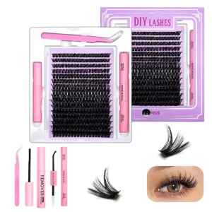 Synthetic Hair 320-Cluster DIY Eyelash Kit 16 Rows 4-Piece Set Glue Remover Tweezers 50P-100P Natural 3D Black